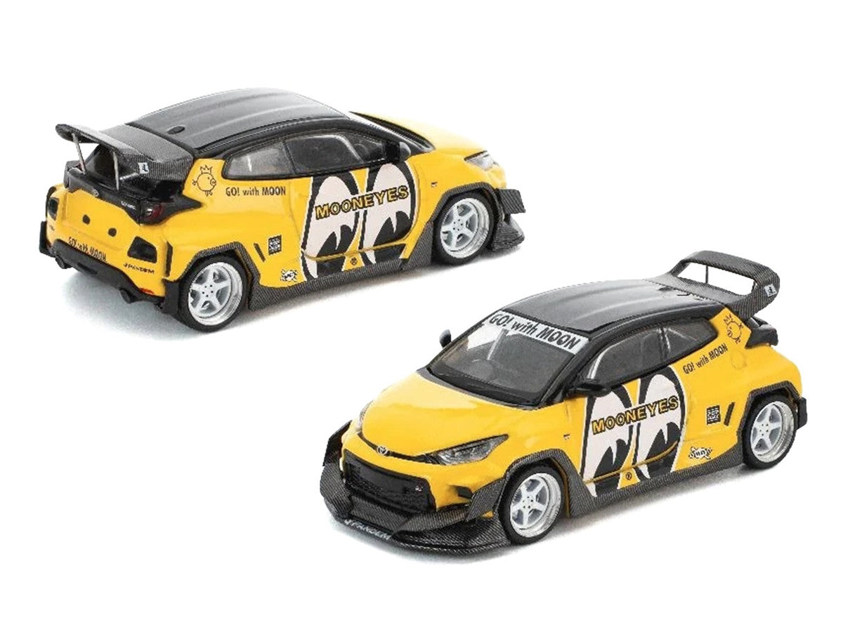Pandem GR Yaris RHD (Right Hand Drive) "MoonEyes" Yellow with Black Top and Graphics "Enigma Exclusive Edition 1/64 Die Cast Model Car by Pop Race Pop Race