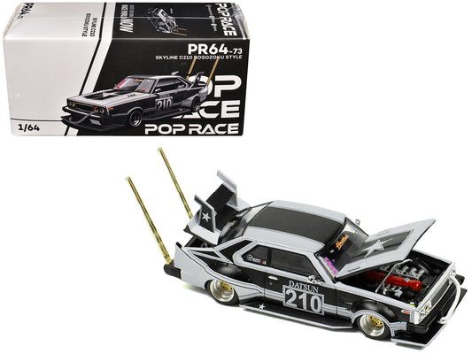 Skyline C210 "Bosozoku Style" RHD (Right Hand Drive) #210 Matt Black and Silver 1/64 Diecast Model Car by Pop Race-0