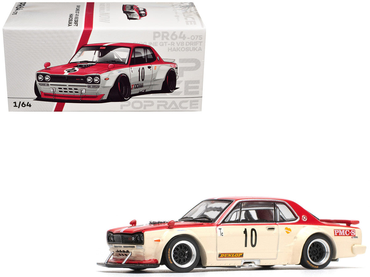 Skyline GT-R V8 Drift "Hakosuka" RHD (Right Hand Drive) #10 "Watanabe" Red and Cream 1/64 Diecast Model Car by Pop Race Pop Race