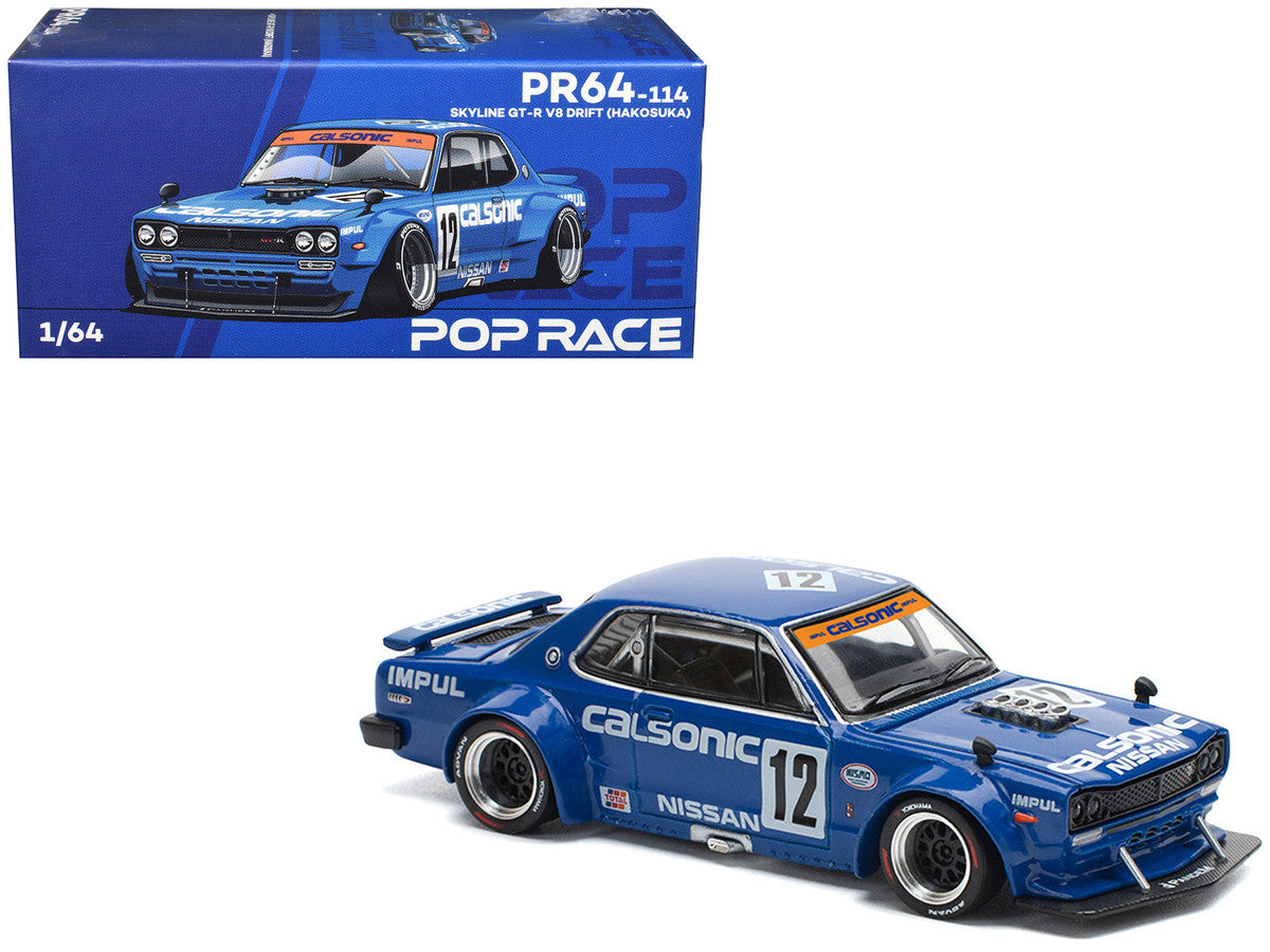 Skyline GT-R V8 Drift "Hakosuka" RHD (Right Hand Drive) #12 "Calsonic" Blue with Graphics 1/64 Diecast Model Car by Pop Race Pop Race
