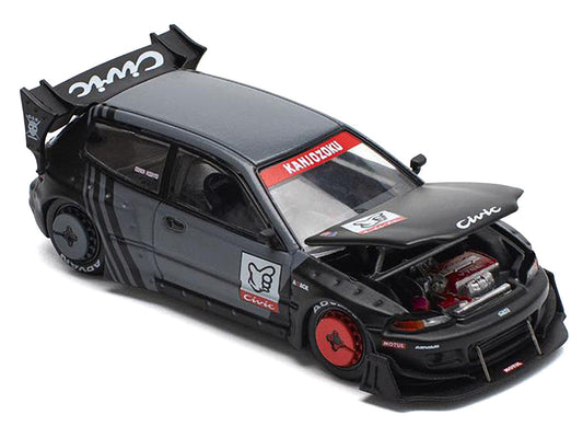 Pandem Civic EG6 RHD (Right Hand Drive) "Kanjozoku" Matt Black and Gray with Graphics 1/64 Diecast Model Car by Pop Race Pop Race