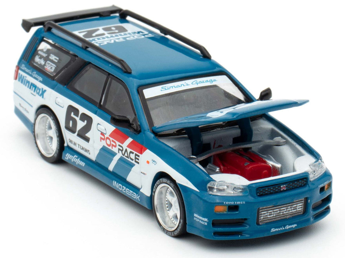 Nissan Stagea RHD (Right Hand Drive) #62 "Simon's Garage" Blue with White Sides 1/64 Diecast Model Car by Pop Race Pop Race