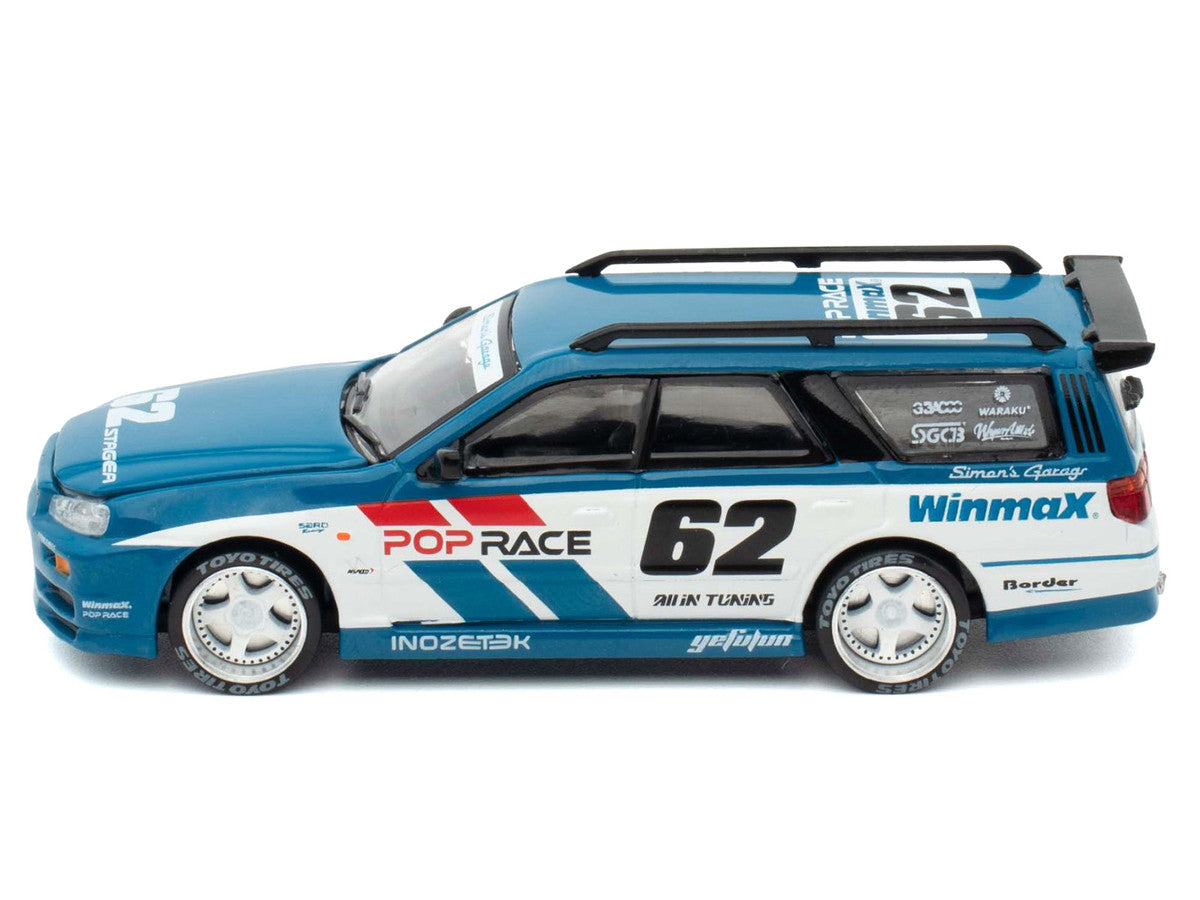 Nissan Stagea RHD (Right Hand Drive) #62 "Simon's Garage" Blue with White Sides 1/64 Diecast Model Car by Pop Race Pop Race