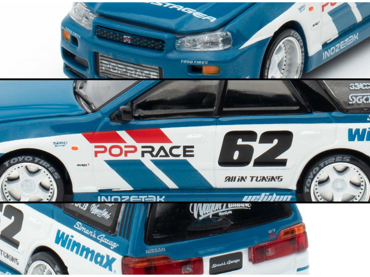 Nissan Stagea RHD (Right Hand Drive) #62 "Simon's Garage" Blue with White Sides 1/64 Diecast Model Car by Pop Race Pop Race