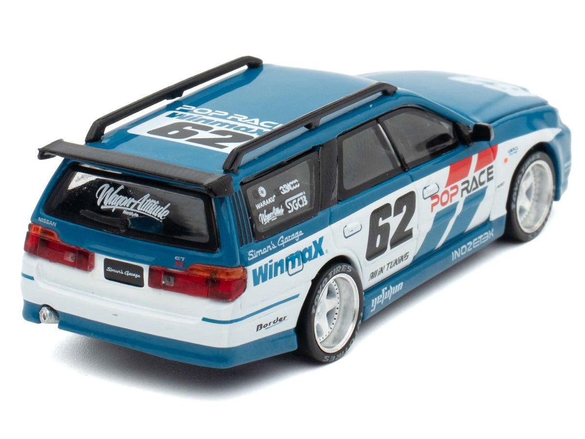 Nissan Stagea RHD (Right Hand Drive) #62 "Simon's Garage" Blue with White Sides 1/64 Diecast Model Car by Pop Race Pop Race