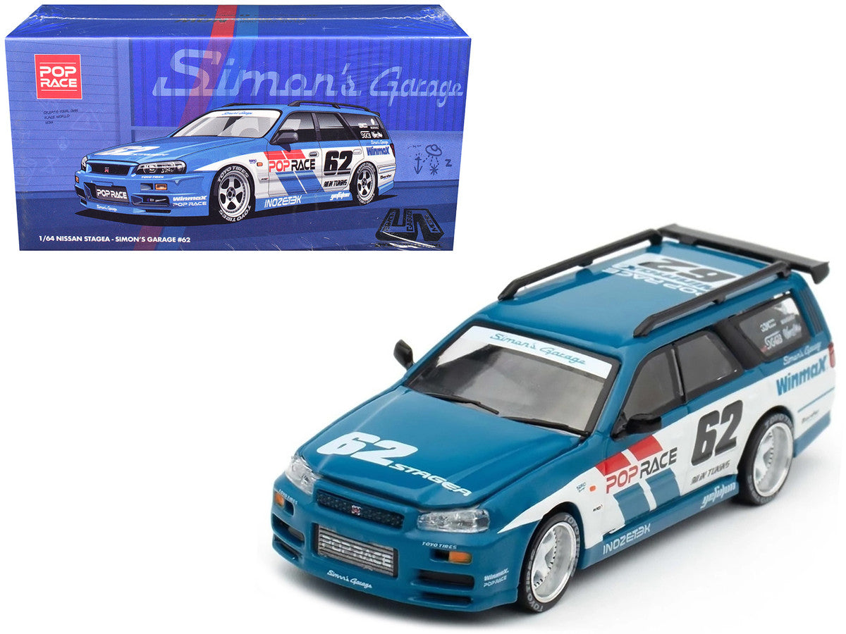 Nissan Stagea RHD (Right Hand Drive) #62 "Simon's Garage" Blue with White Sides 1/64 Diecast Model Car by Pop Race Pop Race