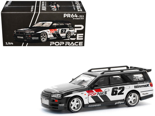 GT-R Stagea RHD (Right Hand Drive) #62 "Simon's Garage" Black with White Sides 1/64 Diecast Model Car by Pop Race Pop Race
