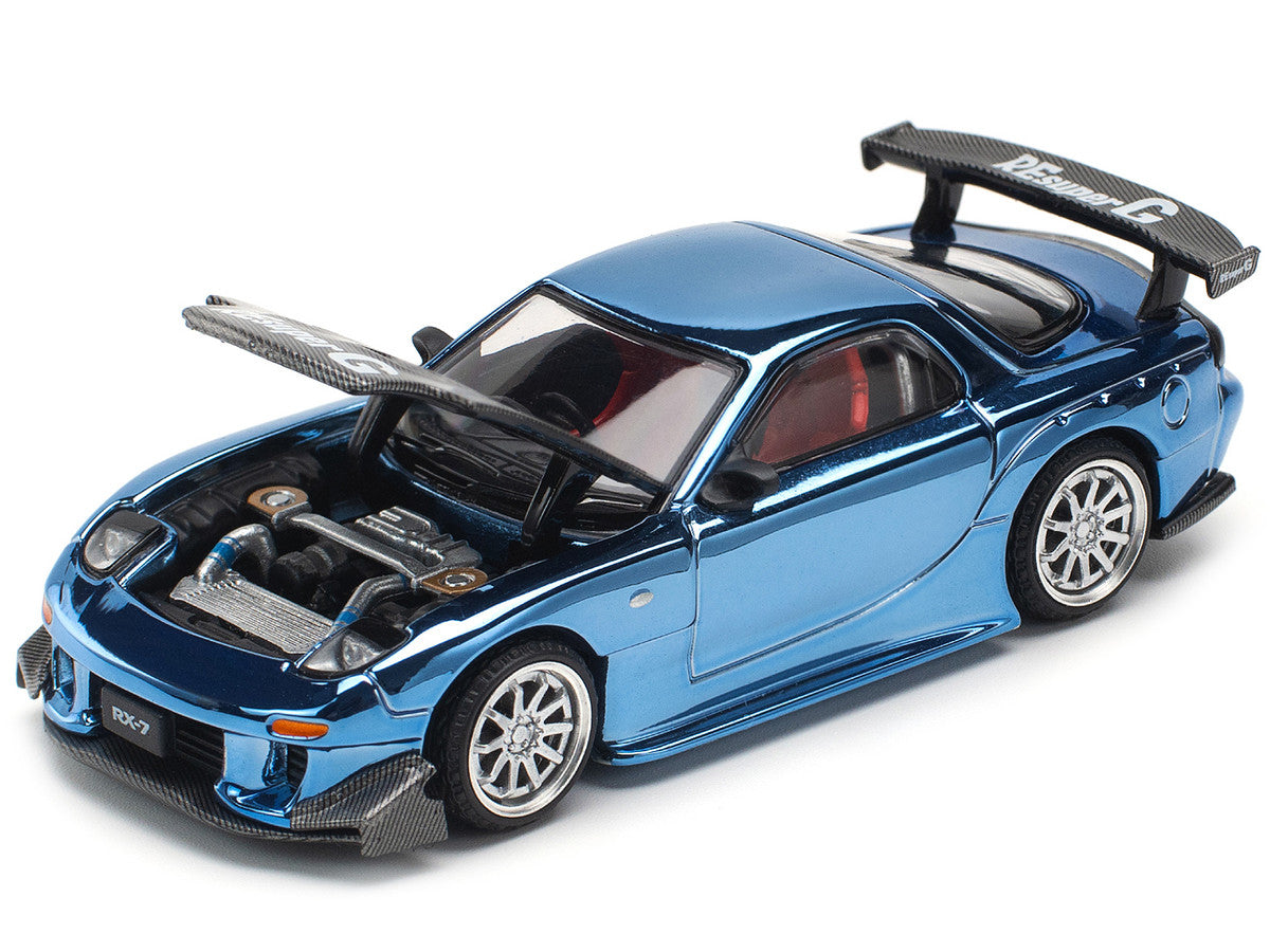 Mazda RX-7 RE-Amemiya Widebody RHD (Right Hand Drive) Blue Chrome with Carbon Hood 1/64 Diecast Model Car by Pop Race Pop Race