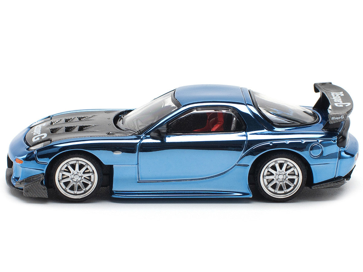 Mazda RX-7 RE-Amemiya Widebody RHD (Right Hand Drive) Blue Chrome with Carbon Hood 1/64 Diecast Model Car by Pop Race Pop Race