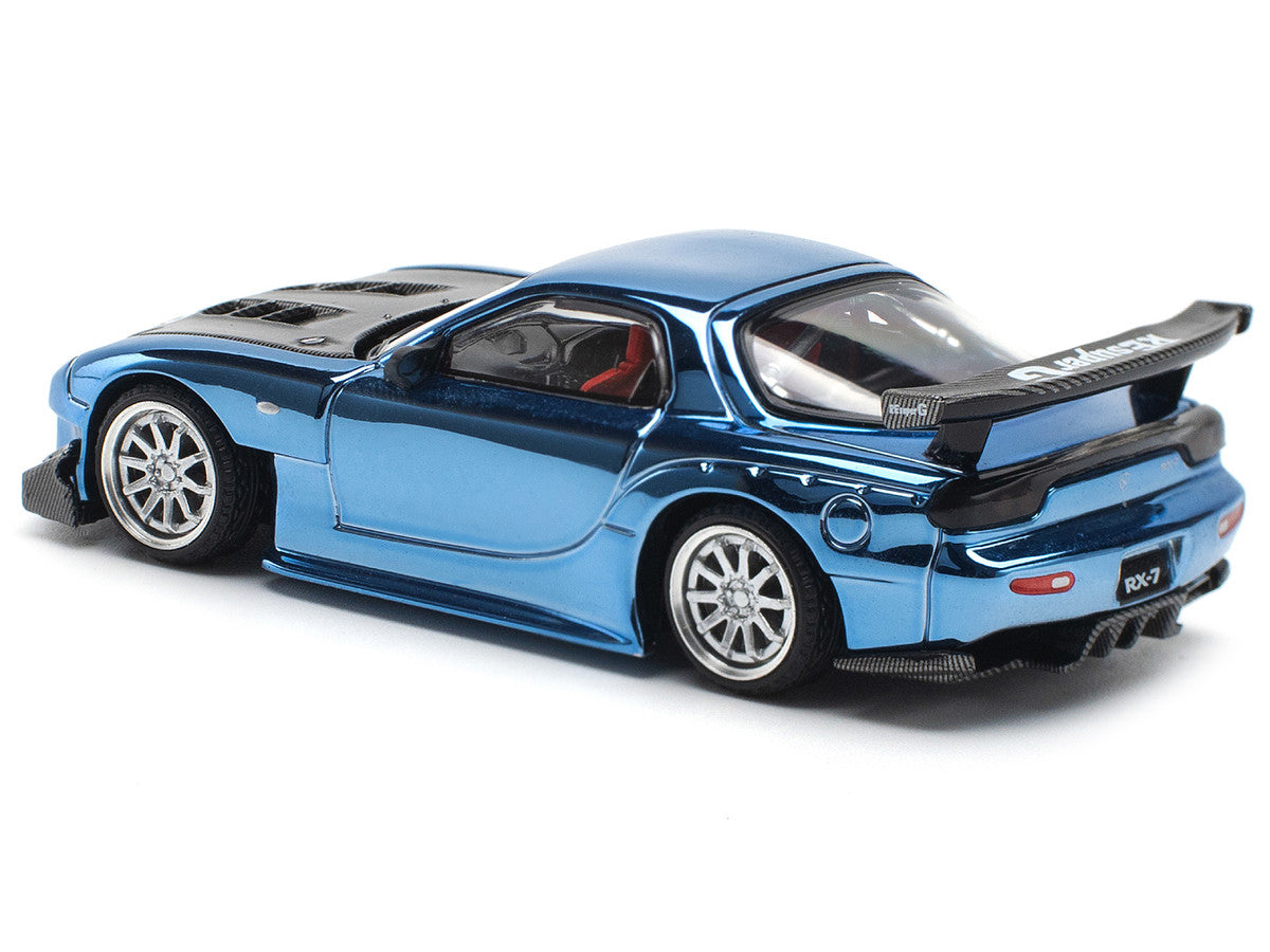 Mazda RX-7 RE-Amemiya Widebody RHD (Right Hand Drive) Blue Chrome with Carbon Hood 1/64 Diecast Model Car by Pop Race Pop Race