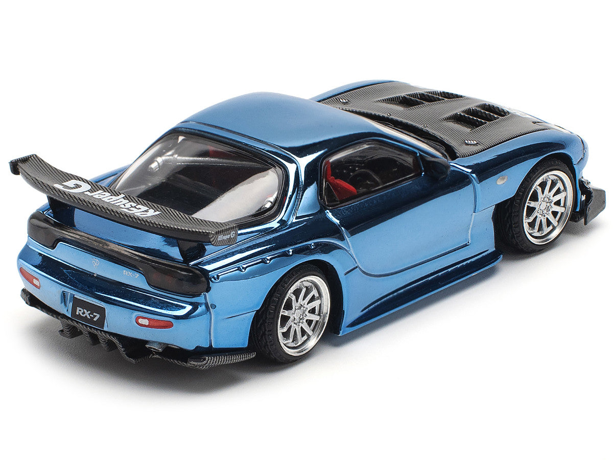 Mazda RX-7 RE-Amemiya Widebody RHD (Right Hand Drive) Blue Chrome with Carbon Hood 1/64 Diecast Model Car by Pop Race Pop Race