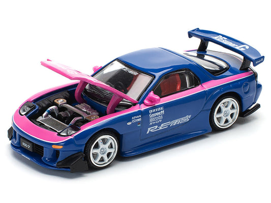Mazda RX-7 RE-Amemiya Widebody RHD (Right Hand Drive) Blue with Pink Hood and Stripes 1/64 Diecast Model Car by Pop Race Pop Race