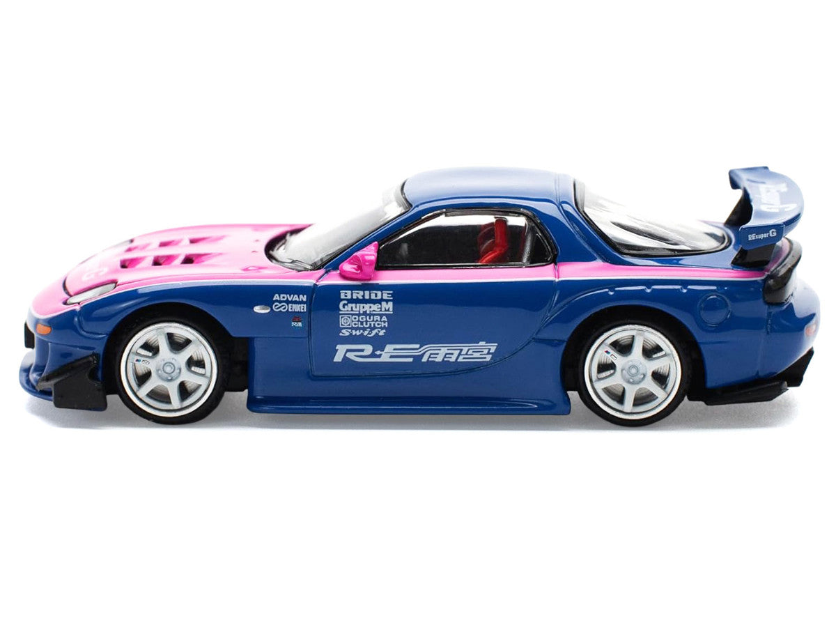 Mazda RX-7 RE-Amemiya Widebody RHD (Right Hand Drive) Blue with Pink Hood and Stripes 1/64 Diecast Model Car by Pop Race Pop Race