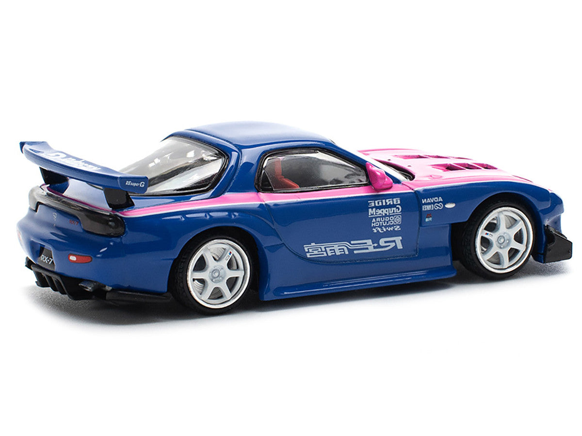 Mazda RX-7 RE-Amemiya Widebody RHD (Right Hand Drive) Blue with Pink Hood and Stripes 1/64 Diecast Model Car by Pop Race Pop Race