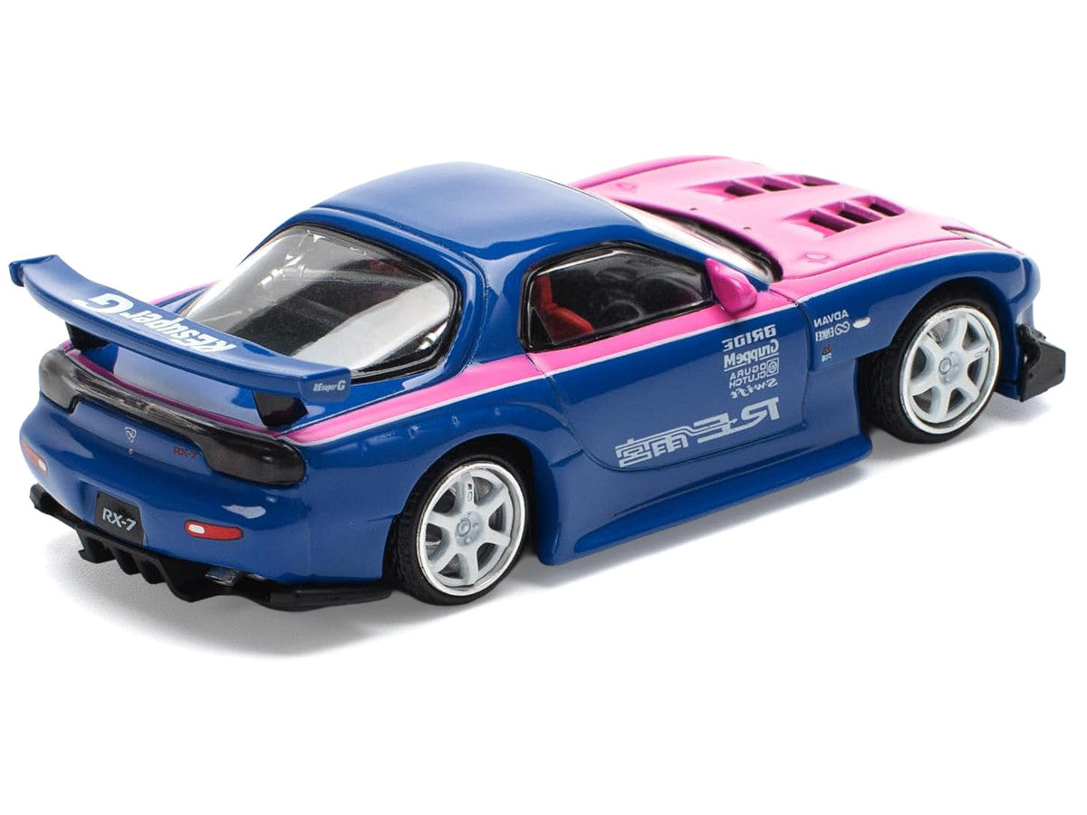 Mazda RX-7 RE-Amemiya Widebody RHD (Right Hand Drive) Blue with Pink Hood and Stripes 1/64 Diecast Model Car by Pop Race Pop Race
