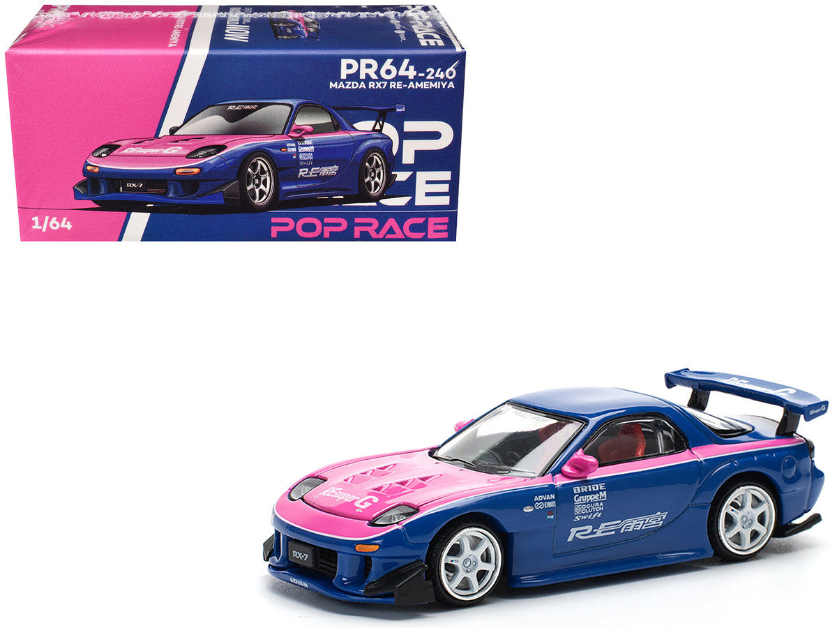 Mazda RX-7 RE-Amemiya Widebody RHD (Right Hand Drive) Blue with Pink Hood and Stripes 1/64 Diecast Model Car by Pop Race Pop Race