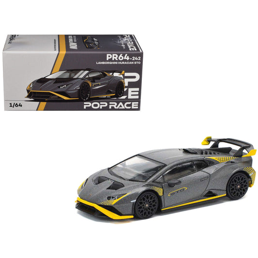 Lamborghini Huracan STO Matt Gray Metallic with Yellow Accents 1/64 Diecast Model Car by Pop Race Pop Race