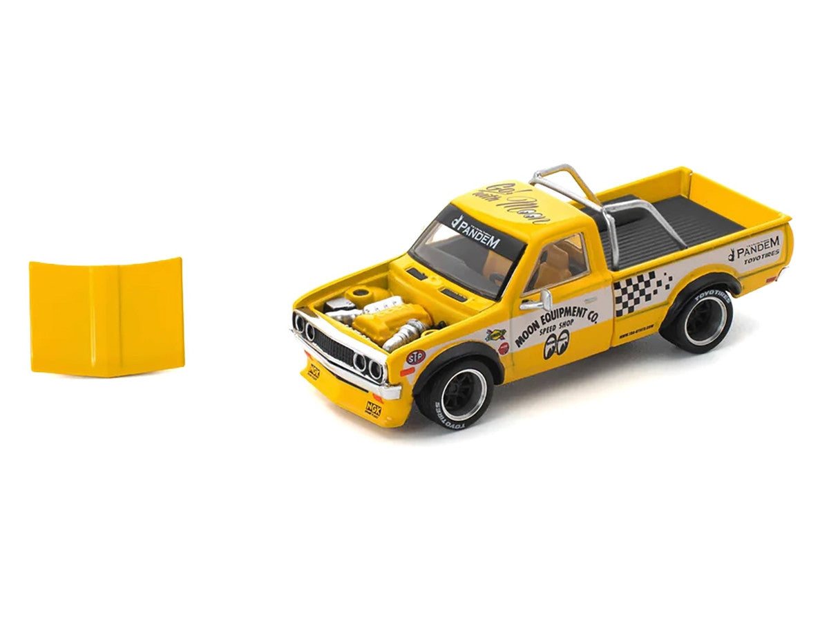 Datsun Pandem 620 Pickup Truck "MoonEyes" Yellow with White Sides and Graphics 1/64 Diecast Model Car by Pop Race Pop Race