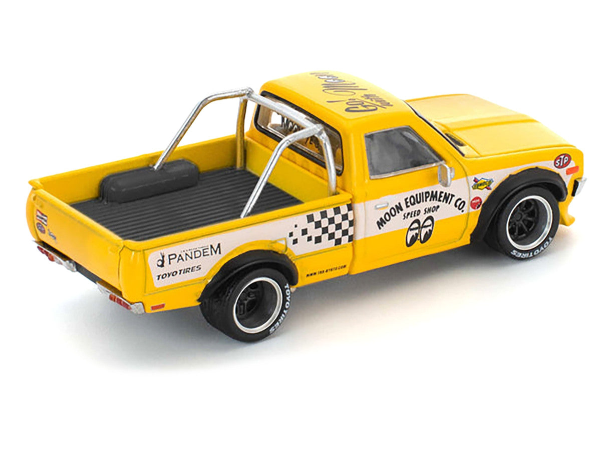 Datsun Pandem 620 Pickup Truck "MoonEyes" Yellow with White Sides and Graphics 1/64 Diecast Model Car by Pop Race Pop Race