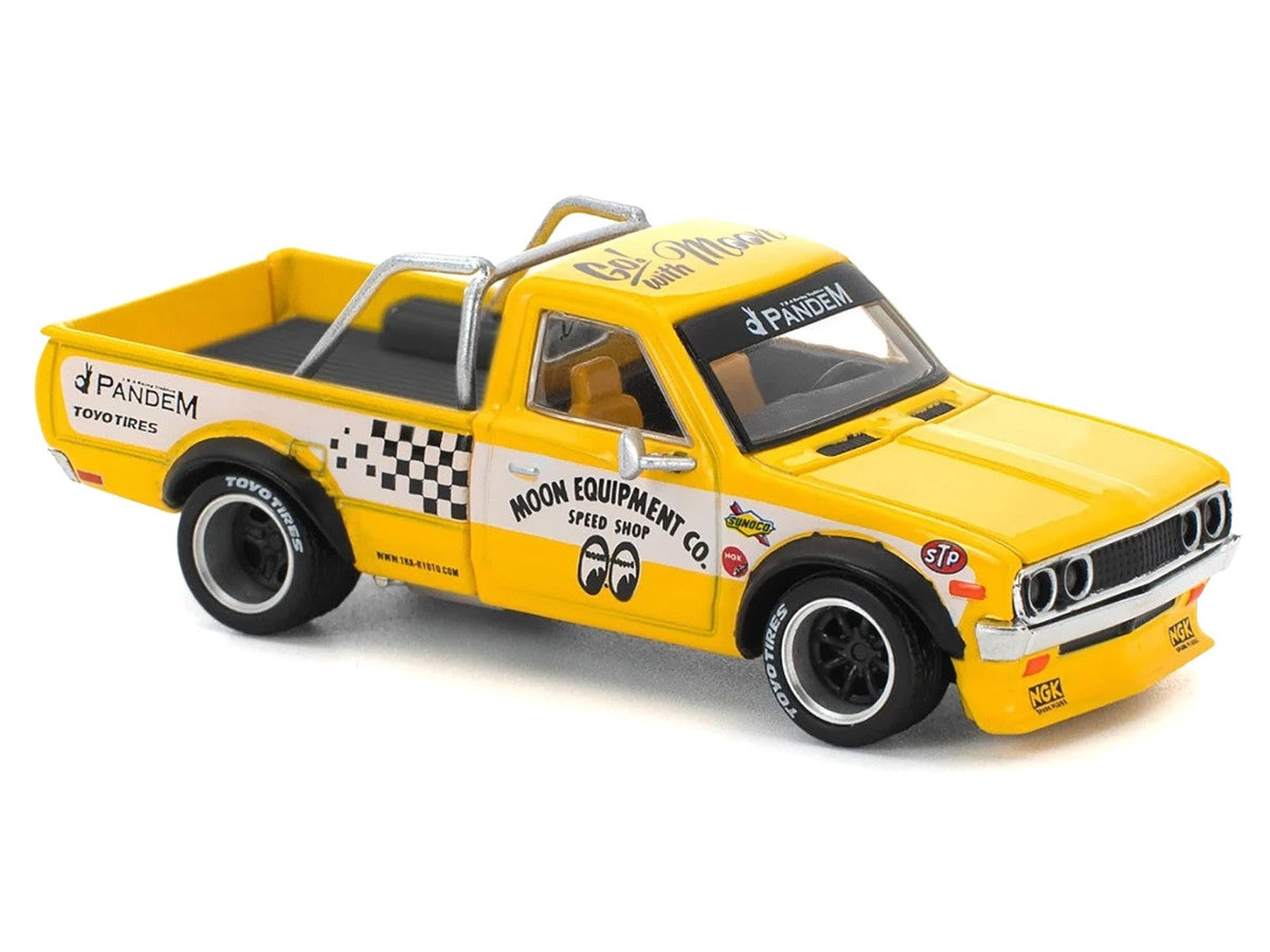 Datsun Pandem 620 Pickup Truck "MoonEyes" Yellow with White Sides and Graphics 1/64 Diecast Model Car by Pop Race Pop Race