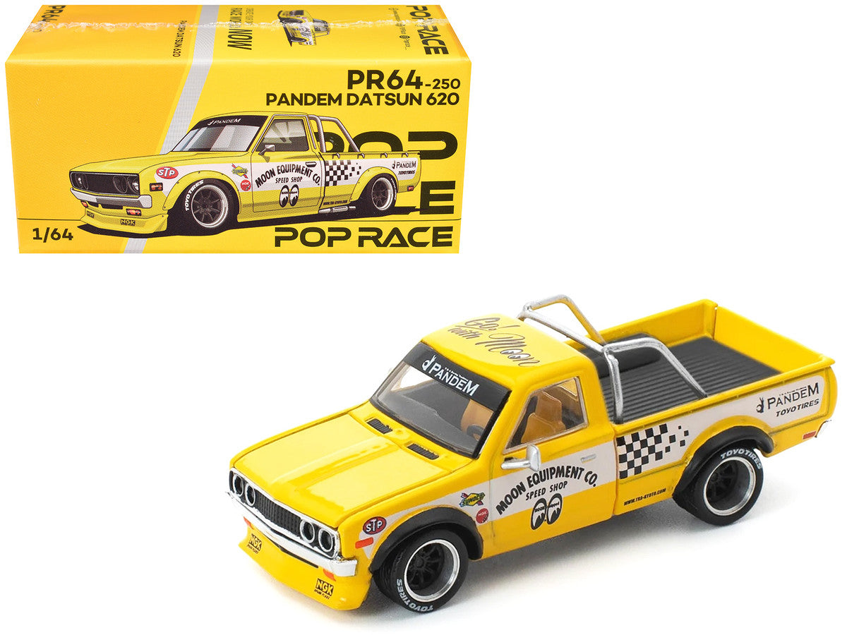 Datsun Pandem 620 Pickup Truck "MoonEyes" Yellow with White Sides and Graphics 1/64 Diecast Model Car by Pop Race Pop Race