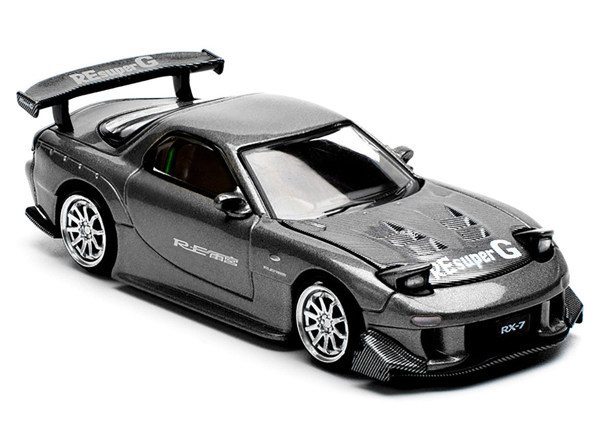 Mazda RX7 (FD) "RE Amemiya" Widebody RHD (Right Hand Drive) Gunmetal Gray Metallic with Carbon Hood 1/64 Diecast Model Car by Pop Race Pop Race