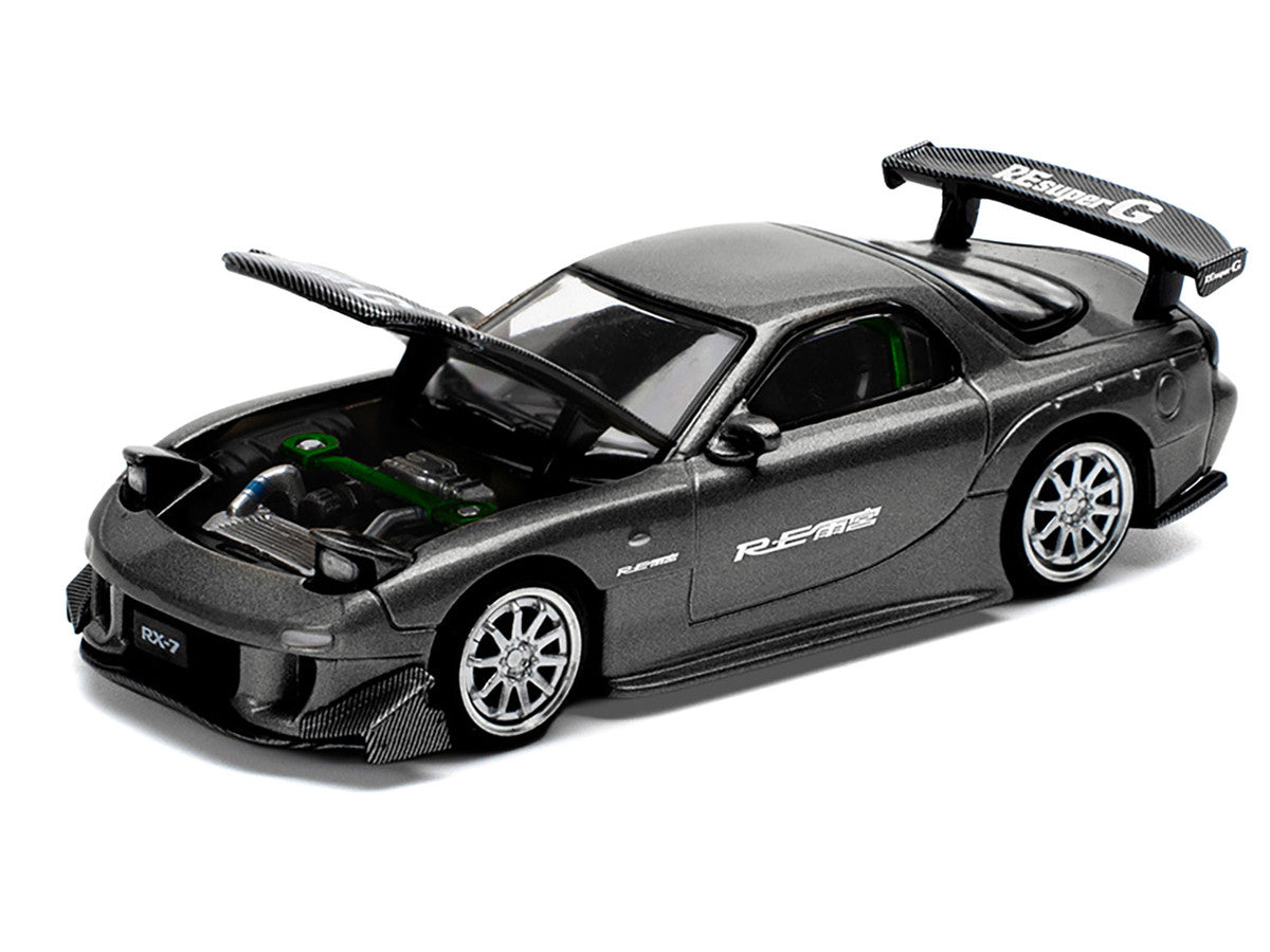 Mazda RX7 (FD) "RE Amemiya" Widebody RHD (Right Hand Drive) Gunmetal Gray Metallic with Carbon Hood 1/64 Diecast Model Car by Pop Race Pop Race