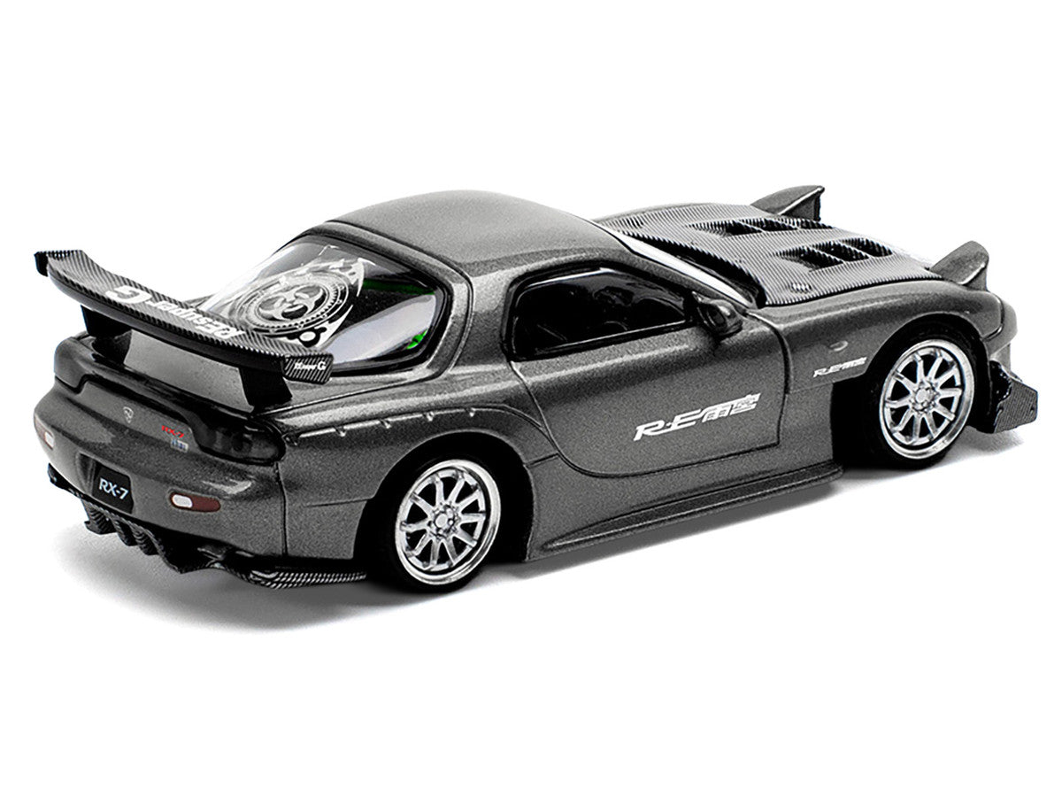 Mazda RX7 (FD) "RE Amemiya" Widebody RHD (Right Hand Drive) Gunmetal Gray Metallic with Carbon Hood 1/64 Diecast Model Car by Pop Race Pop Race