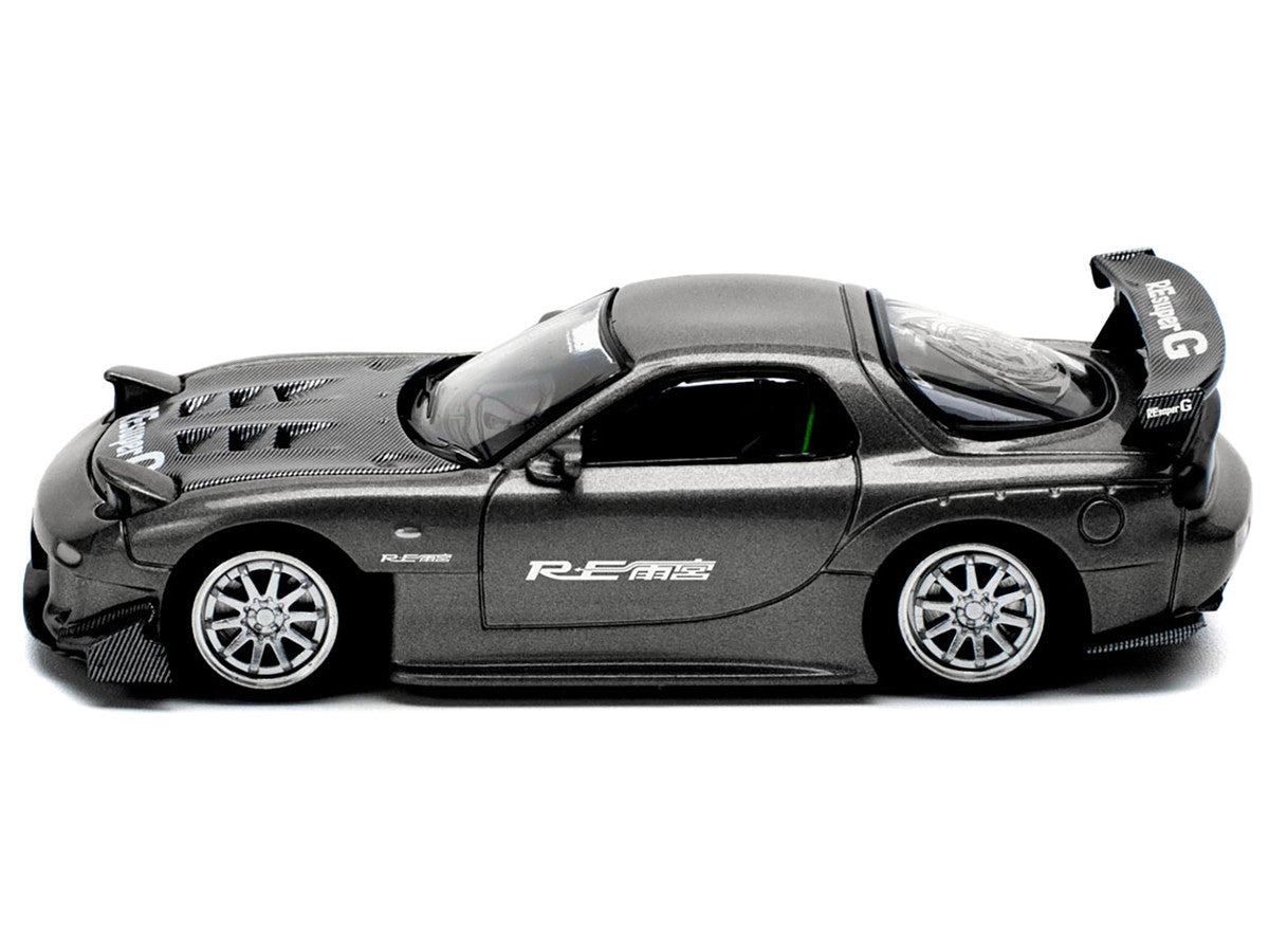 Mazda RX7 (FD) "RE Amemiya" Widebody RHD (Right Hand Drive) Gunmetal Gray Metallic with Carbon Hood 1/64 Diecast Model Car by Pop Race Pop Race