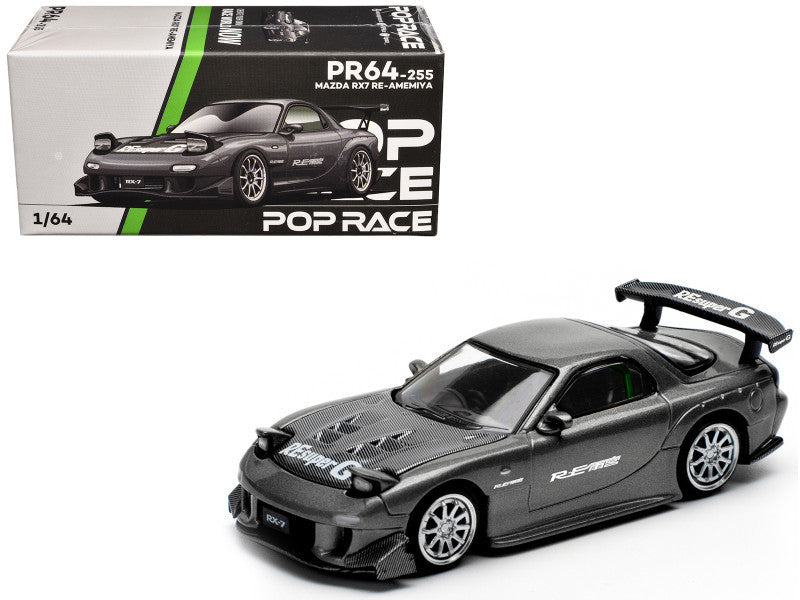 Mazda RX7 (FD) "RE Amemiya" Widebody RHD (Right Hand Drive) Gunmetal Gray Metallic with Carbon Hood 1/64 Diecast Model Car by Pop Race Pop Race