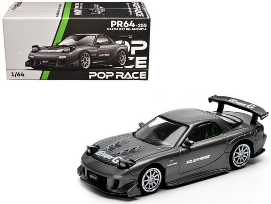Mazda RX7 (FD) "RE Amemiya" Widebody RHD (Right Hand Drive) Gunmetal Gray Metallic with Carbon Hood 1/64 Diecast Model Car by Pop Race Pop Race