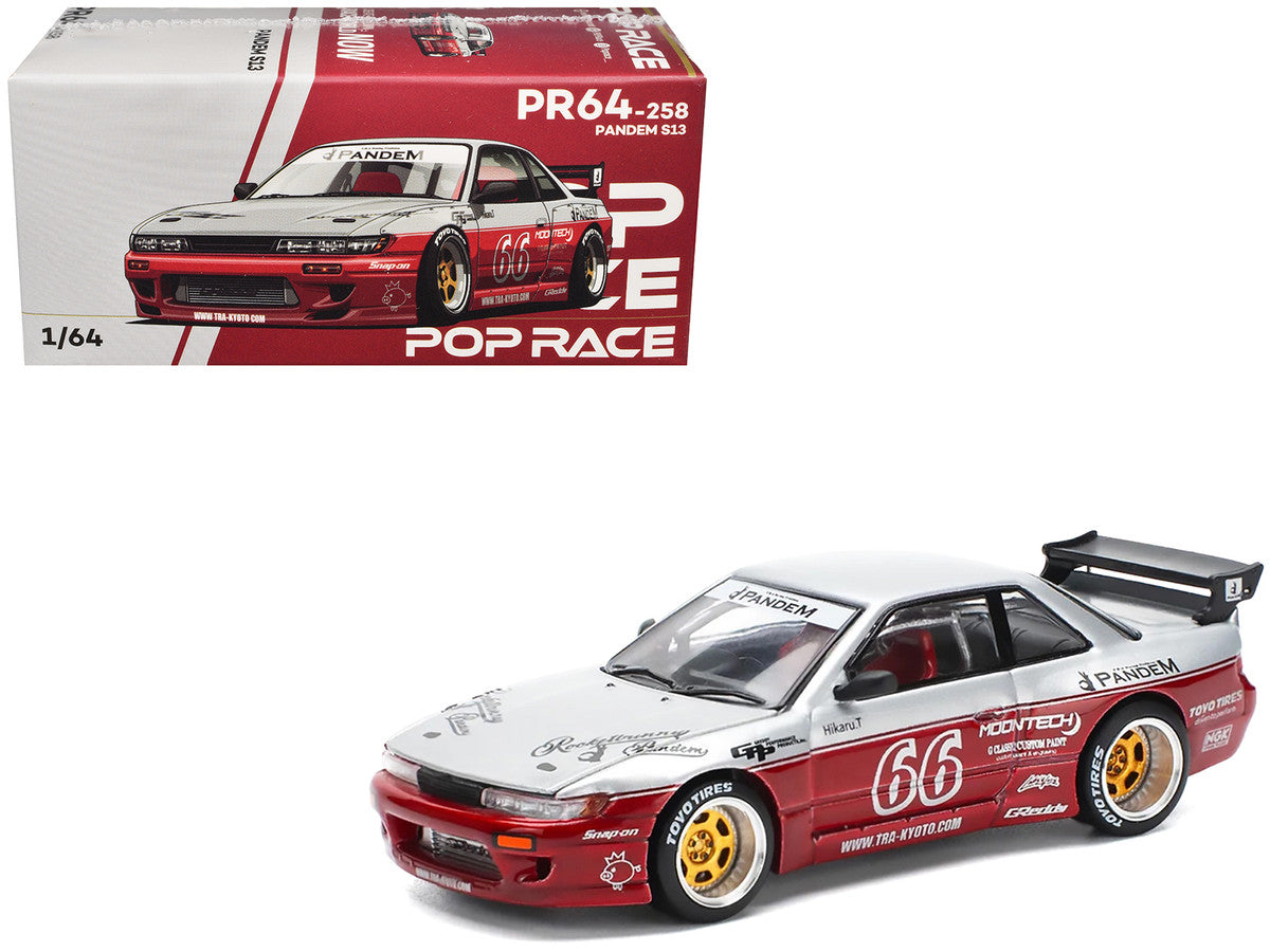 Nissan Pandem S13 RHD (Right Hand Drive) #66 "Moontech" Silver and Red Metallic 1/64 Diecast Model Car by Pop Race Pop Race