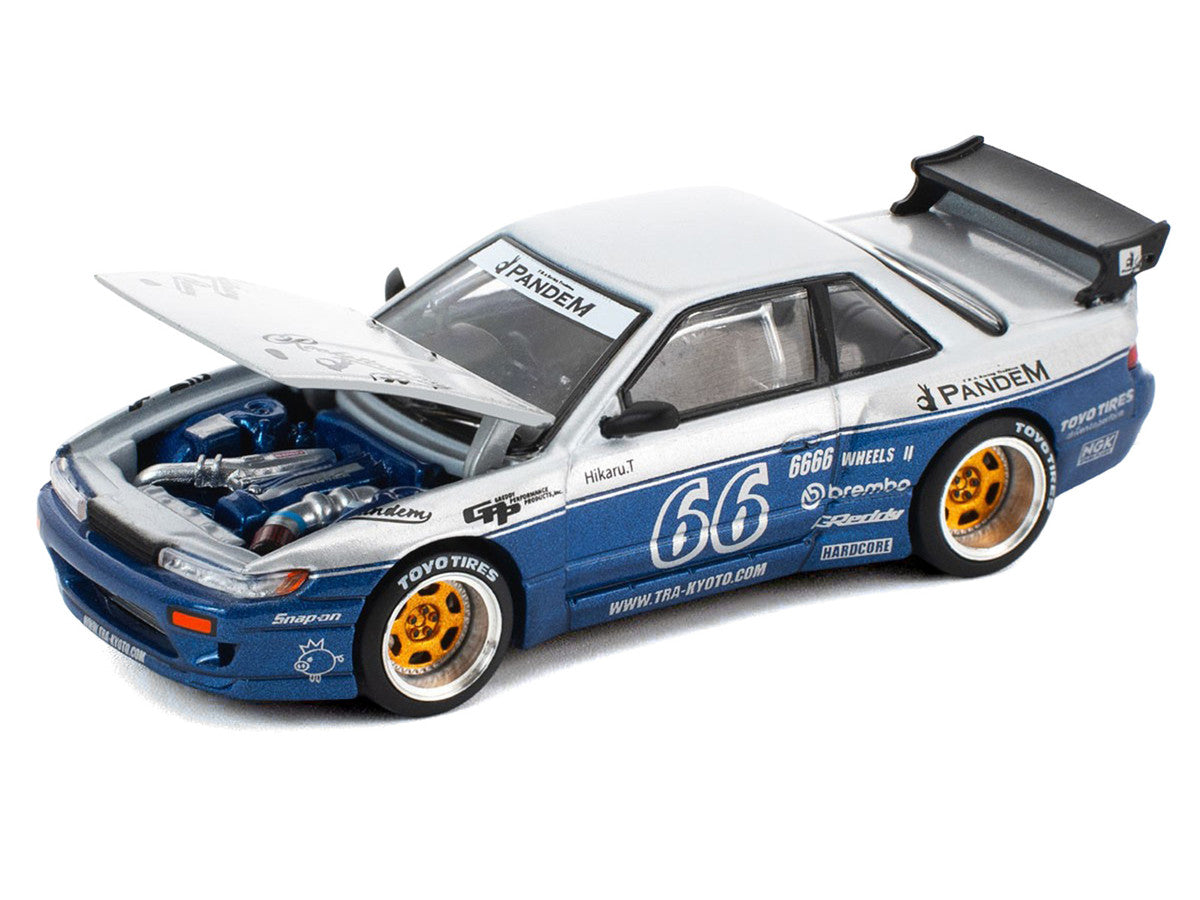 Pandem S13 RHD (Right Hand Drive) Silver and Moontech Blue Metallic with Graphics 1/64 Diecast Model Car by Pop Race Pop Race