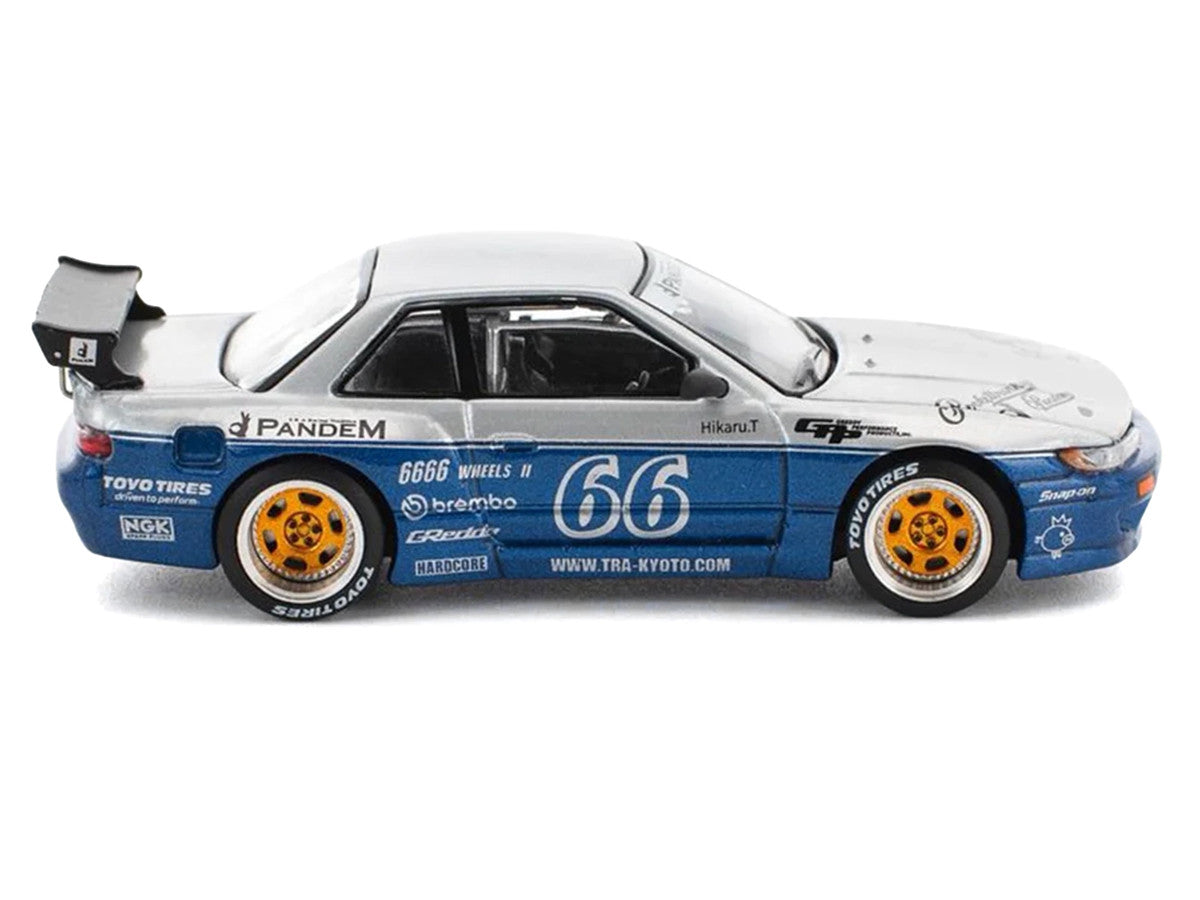 Pandem S13 RHD (Right Hand Drive) Silver and Moontech Blue Metallic with Graphics 1/64 Diecast Model Car by Pop Race Pop Race