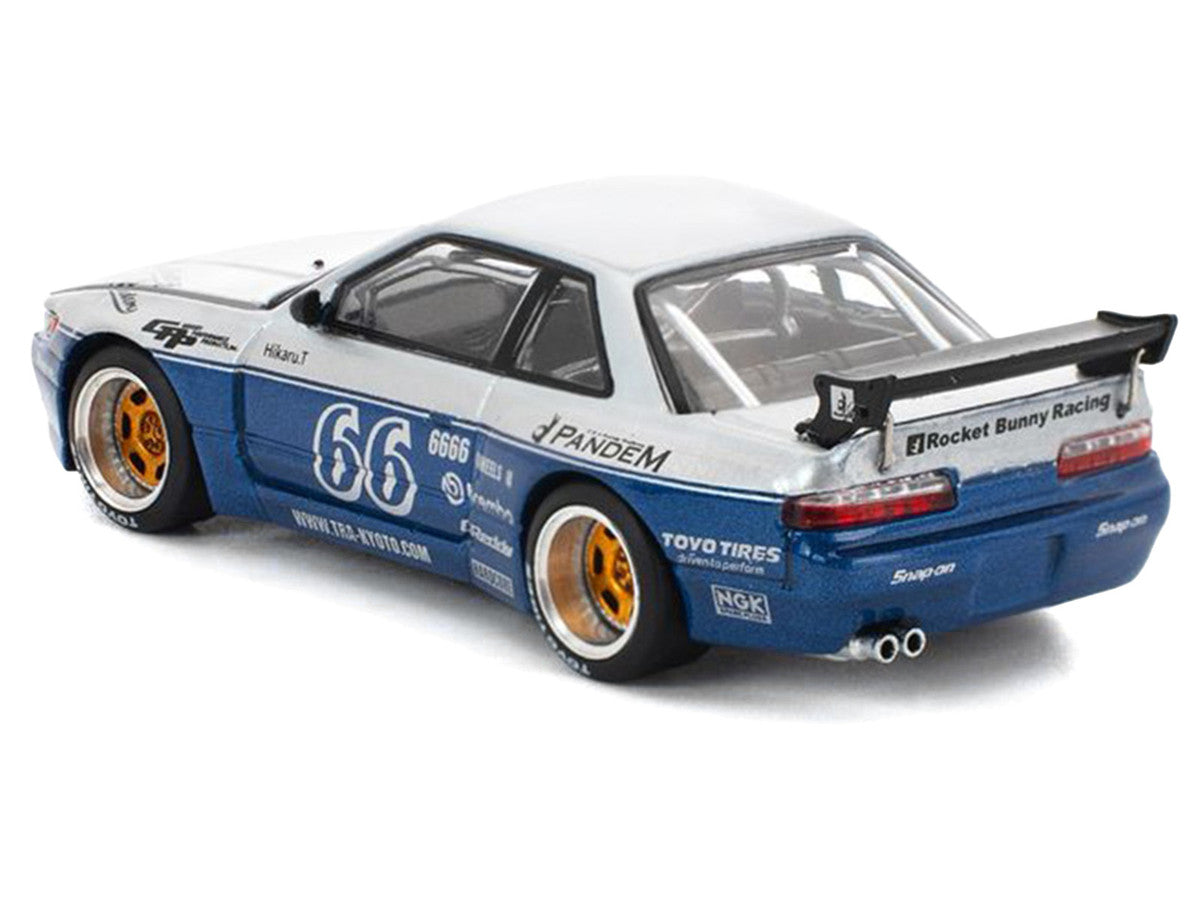 Pandem S13 RHD (Right Hand Drive) Silver and Moontech Blue Metallic with Graphics 1/64 Diecast Model Car by Pop Race Pop Race
