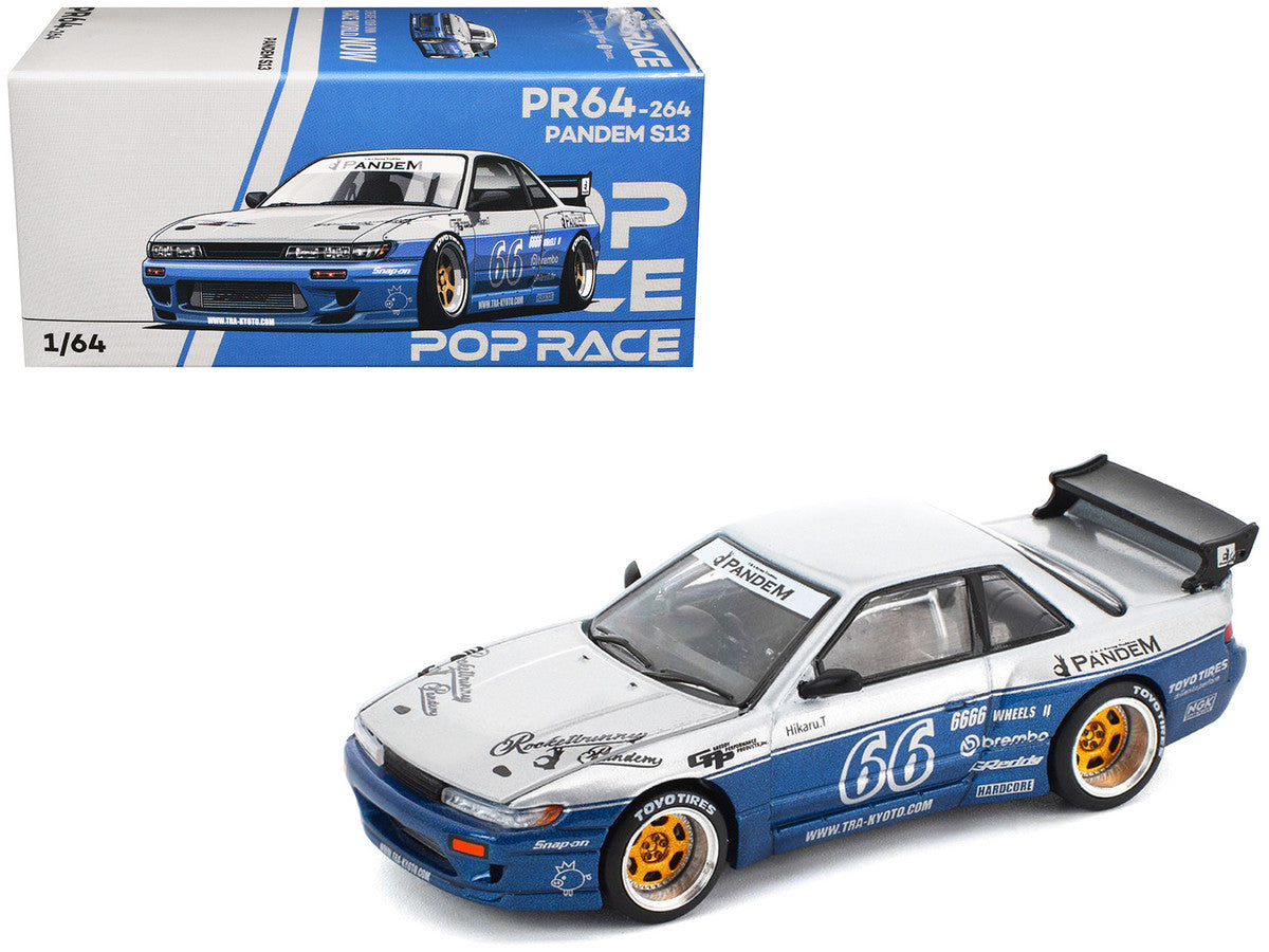 Pandem S13 RHD (Right Hand Drive) Silver and Moontech Blue Metallic with Graphics 1/64 Diecast Model Car by Pop Race Pop Race