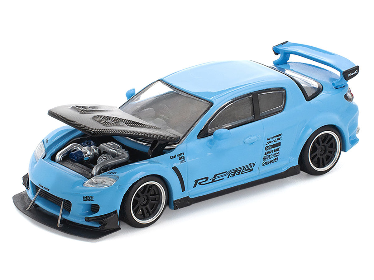 Mazda RX8 RE-Amemiya Widebody RHD (Right Hand Drive) Light Blue with Carbon Hood 1/64 Diecast Model Car by Pop Race Pop Race