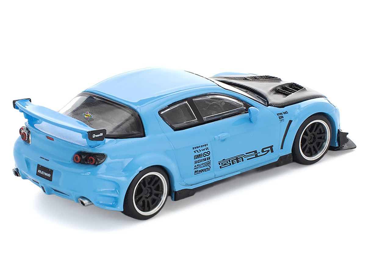 Mazda RX8 RE-Amemiya Widebody RHD (Right Hand Drive) Light Blue with Carbon Hood 1/64 Diecast Model Car by Pop Race Pop Race