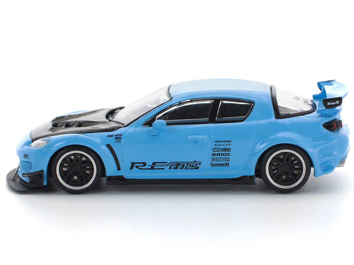 Mazda RX8 RE-Amemiya Widebody RHD (Right Hand Drive) Light Blue with Carbon Hood 1/64 Diecast Model Car by Pop Race Pop Race