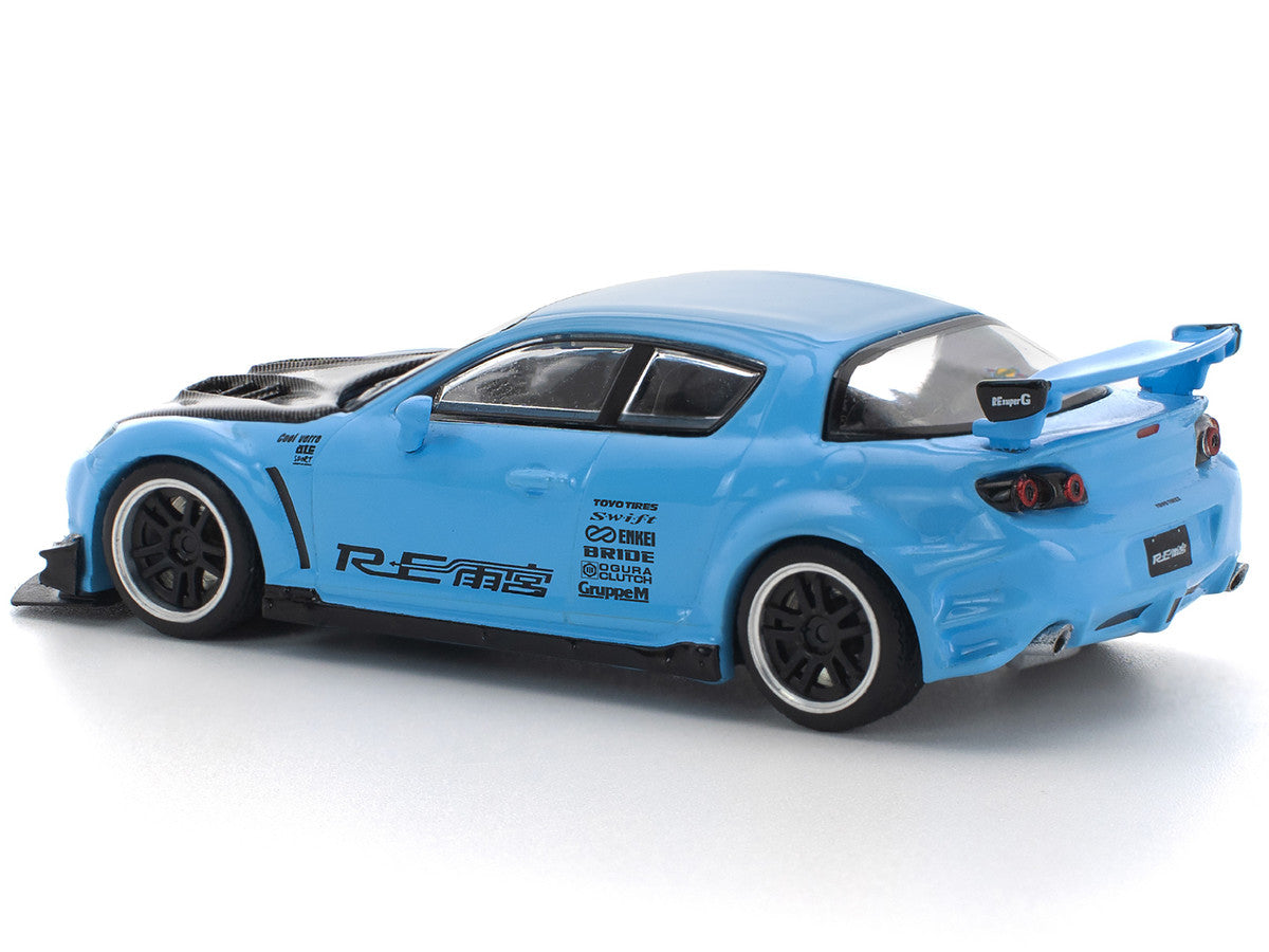 Mazda RX8 RE-Amemiya Widebody RHD (Right Hand Drive) Light Blue with Carbon Hood 1/64 Diecast Model Car by Pop Race Pop Race