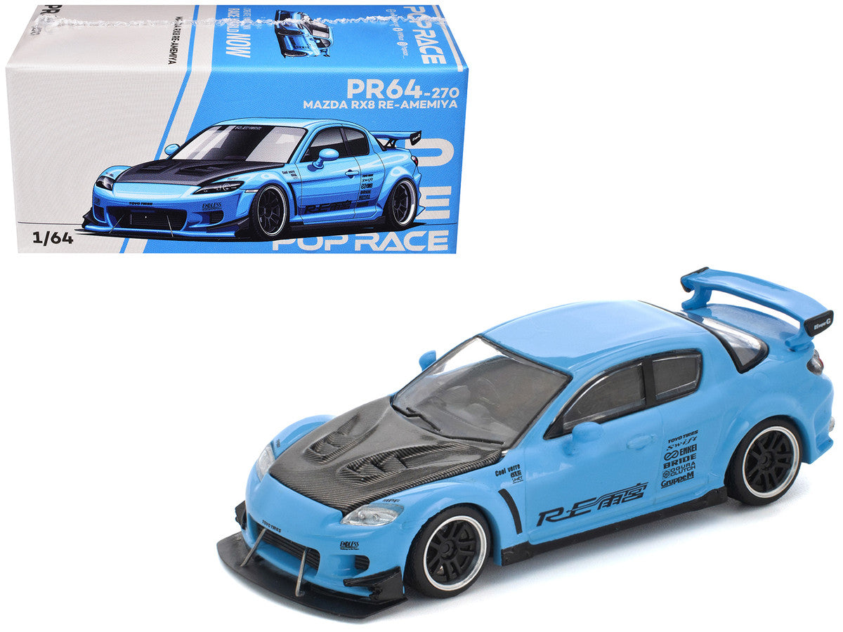 Mazda RX8 RE-Amemiya Widebody RHD (Right Hand Drive) Light Blue with Carbon Hood 1/64 Diecast Model Car by Pop Race Pop Race