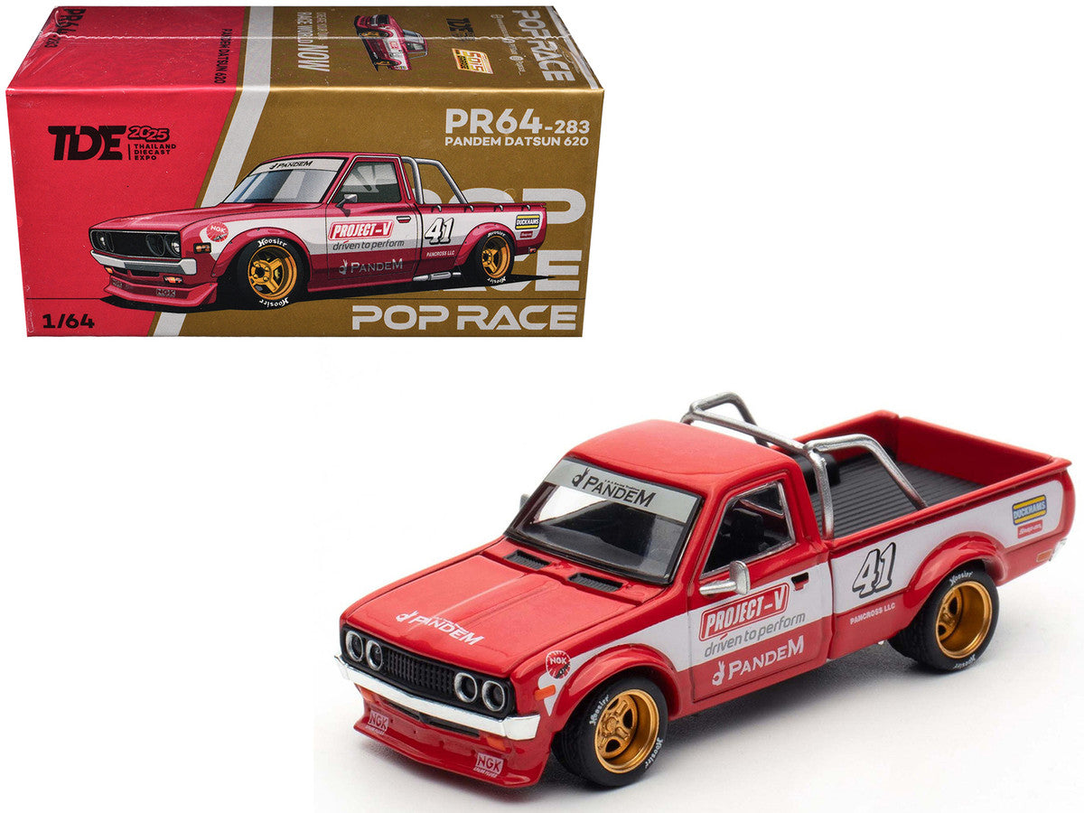 Datsun Pandem 620 Pickup Truck #41 Red Metallic with White Stripes and Graphics "2025 Thailand Diecast Expo" 1/64 Diecast Model Car by Pop Race-0
