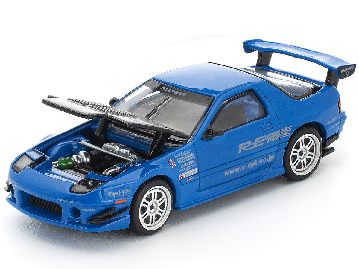 Mazda RX7 (FC3S) RE Amemiya RHD (Right Hand Drive) Blue Metallic with Carbon Hood 1/64 Diecast Model Car by Pop Race Pop Race