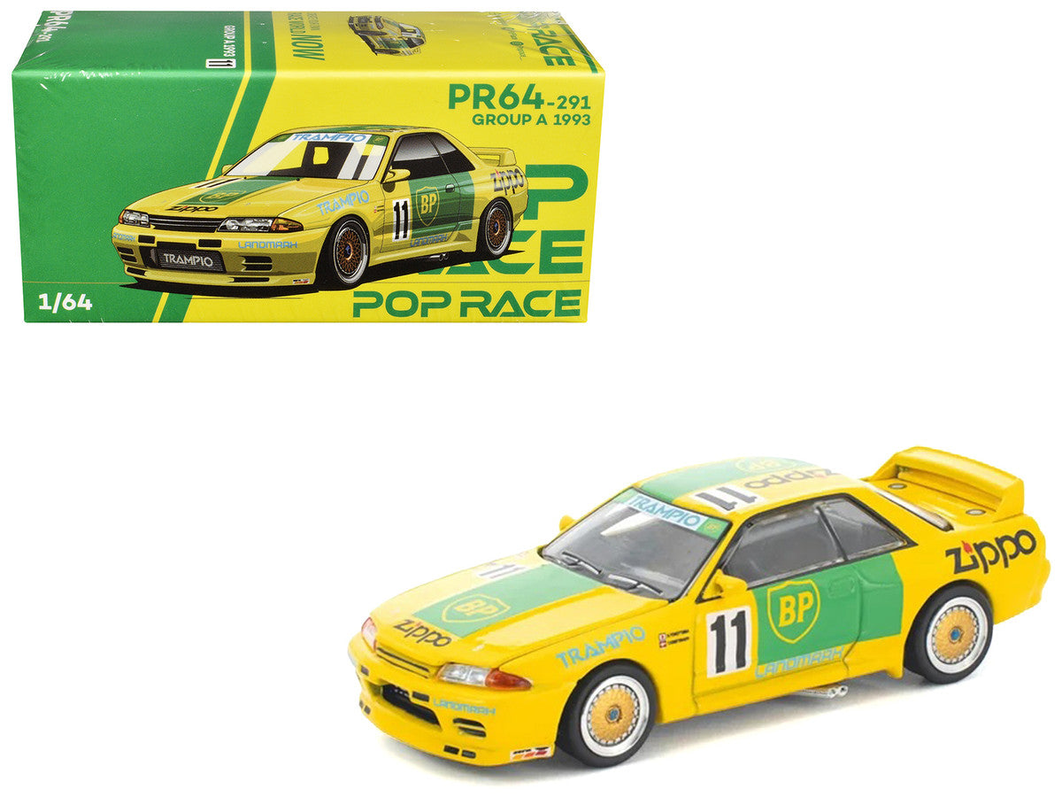 Skyline GT-R R32 RHD (Right Hand Drive) #11 Yellow with Green Graphics "Group A" (1993) 1/64 Diecast Model Car by Pop Race Pop Race