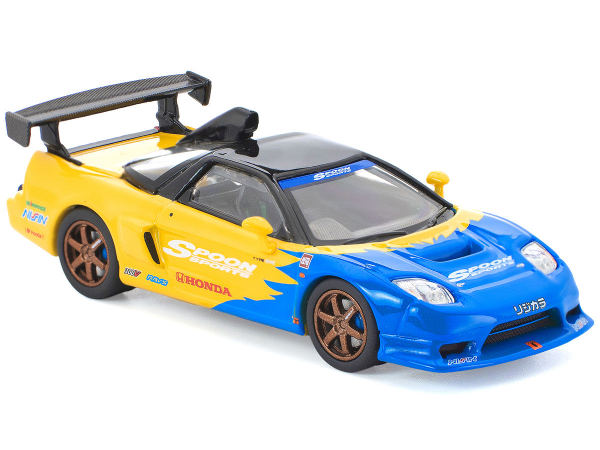 Honda NSX-R GT RHD (Right Hand Drive) "Spoon Sports" Blue and Yellow with Black Top 1/64 Diecast Model Car by Pop Race Pop Race