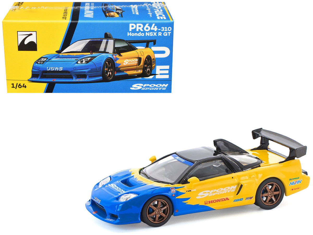 Honda NSX-R GT RHD (Right Hand Drive) "Spoon Sports" Blue and Yellow with Black Top 1/64 Diecast Model Car by Pop Race Pop Race
