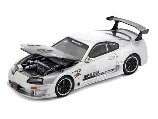 Toyota Supra "Top Secret" GT300 RHD (Right Hand Drive) Silver Metallic with Carbon Hood 1/64 Diecast Model Car by Pop Race Pop Race