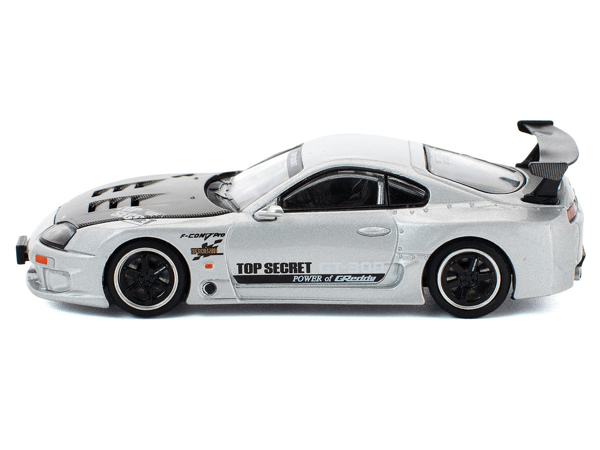 Toyota Supra "Top Secret" GT300 RHD (Right Hand Drive) Silver Metallic with Carbon Hood 1/64 Diecast Model Car by Pop Race Pop Race