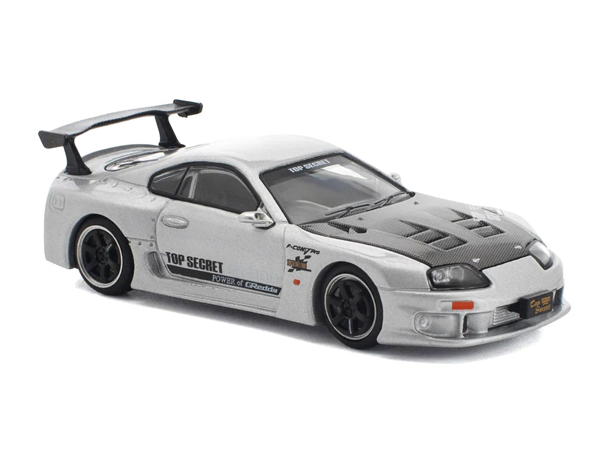 Toyota Supra "Top Secret" GT300 RHD (Right Hand Drive) Silver Metallic with Carbon Hood 1/64 Diecast Model Car by Pop Race Pop Race