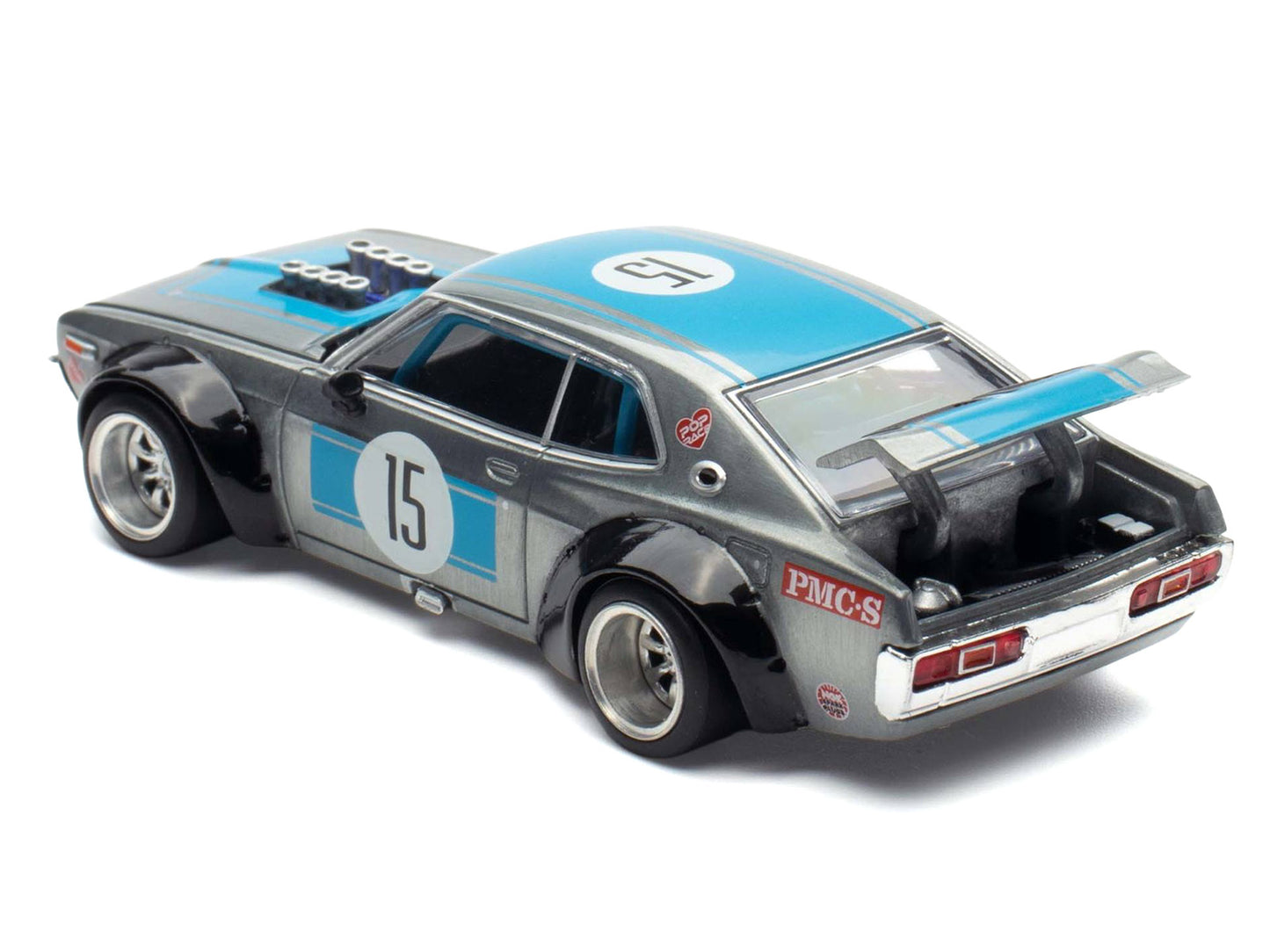 Datsun Laurel C130 RHD (Right Hand Drive) #15 Raw Metal with Blue Stripes "APA XPO 2025 Exclusive" 1/64 Diecast Model Car by Pop Race